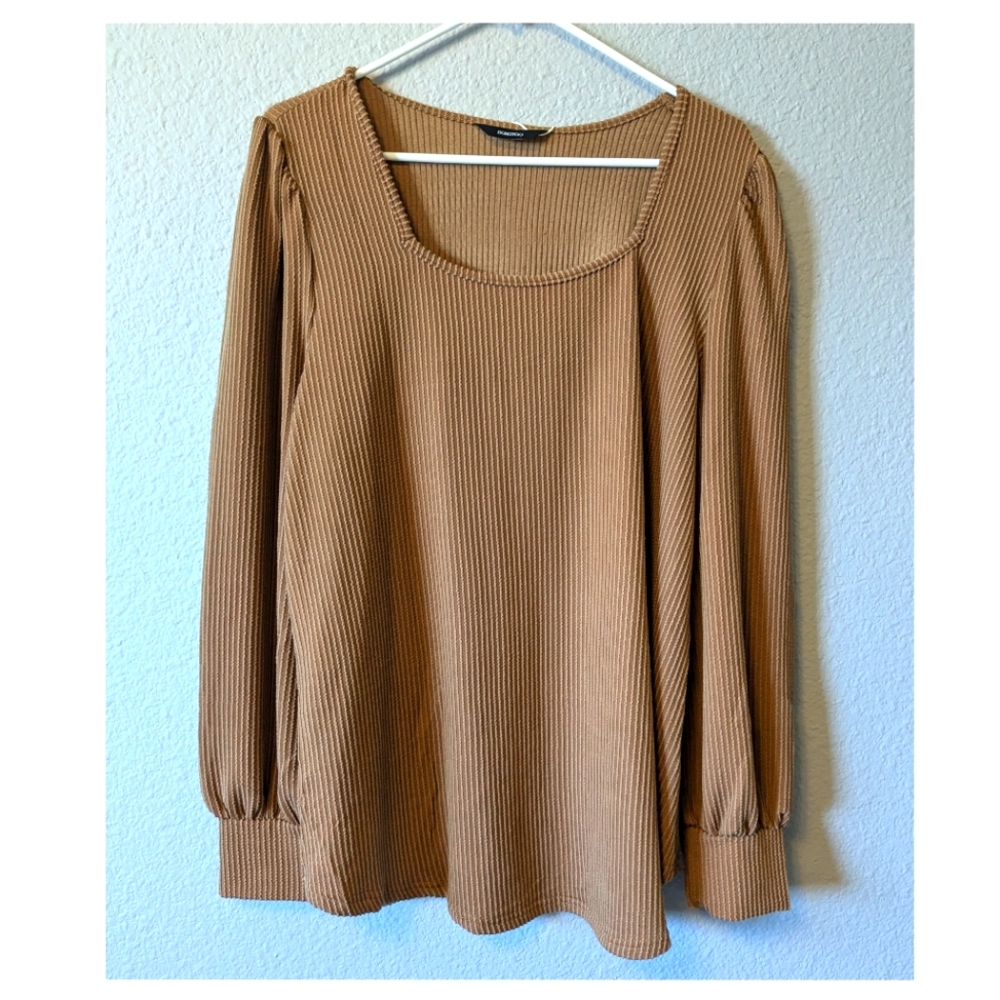 Tan Long Sleeve Square Neck Puff Sleeves Relaxed Blouse Top Sz XL - Picture 5 of 13